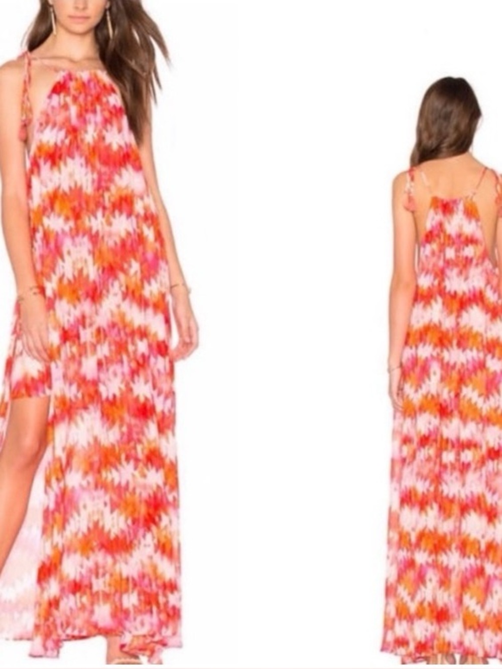 show me your Mumu Tie-Shoulder Pink & Orange Modern Chevron Printed Maxi Dress